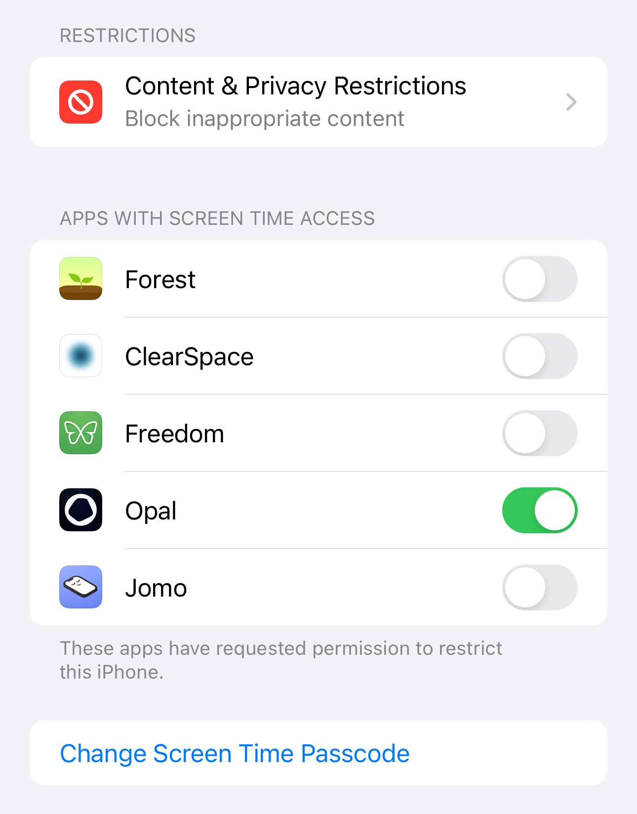 Third-party Screen Time apps can be disabled by toggling off "Apps with Screen Time Access"